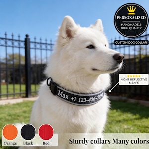 Puede incluir: Un perro blanco con un collar negro personalizado con el nombre "Max" y un número de teléfono. El collar es reflectante por la noche y seguro. La imagen también muestra opciones de color de collar naranja, negro y rojo. El texto dice "Collares resistentes Muchos colores."
