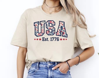 Floral USA Shirt, America T-Shirt, Memorial Day Shirt, Fourth of July Shirt, USA Est 1776 Shirt, Patriotic Shirt, Independence Day Tee