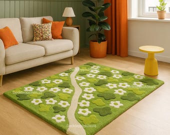 Green Floral Path Wool Rug – Handmade Nature-Inspired Carpet