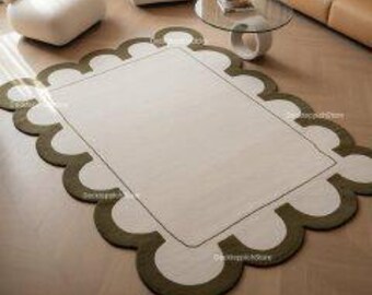 Alfombra de lana tejida a mano en blanco y verde oliva / Alfombra moderna con bordes festoneados / Alfombra con formas orgánicas para sala de estar