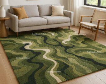 Green Abstract Wool Rug | Hand-Tufted Area Carpet in Olive, Forest Green & Cream | Modern Wavy Pattern Rug