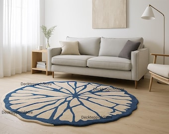 Hand-Tufted New Zealand Wool Rug – Abstract Ivory and Blue Petal Carpet