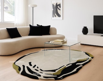 Alfombra de lana neozelandesa tejida a mano: marfil abstracto, negro y verde oliva