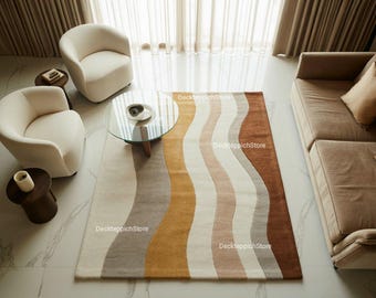 Hand Tufted New Zealand Wool Rug, Earth Tone Wavy Carpet