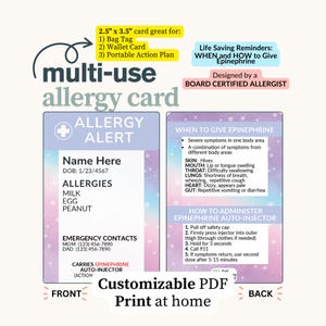 Cartão de alerta de alergia alimentar personalizado – plano de emergência para impressão, tamanho carteira, etiqueta para bolsa de epinefrina, modelo personalizável, cartão de identificação médica infantil