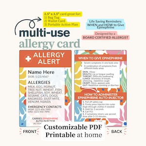 Maßgefertigte Lebensmittelallergie-Warnkarte - zum Ausdrucken, Notfallplan in Brieftaschengröße, Epinephrin Taschenanhänger, anpassbare Vorlage, medizinischer Ausweis für Kinder