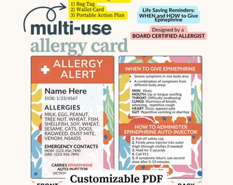 May include: A multi-use allergy card with the text "ALLERGY ALERT" and a list of common allergens. The card includes emergency contact information and instructions on how to administer epinephrine. The card is 6.35cm x 8.89cm and is designed by a board-certified allergist.