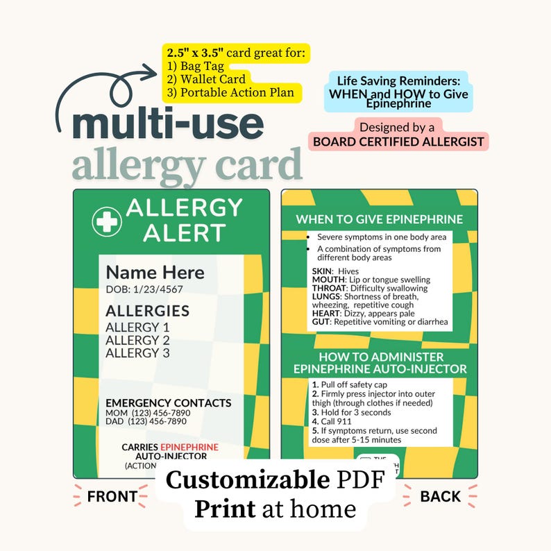 Editable Allergy Alert Card for Kids: Emergency Epinephrine Info ...