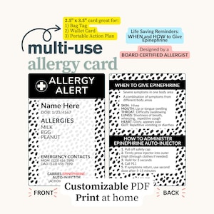 Maßgefertigte Lebensmittelallergie-Warnkarte - zum Ausdrucken, Notfallplan in Brieftaschengröße, Epinephrin Taschenanhänger, anpassbare Vorlage, medizinischer Ausweis für Kinder
