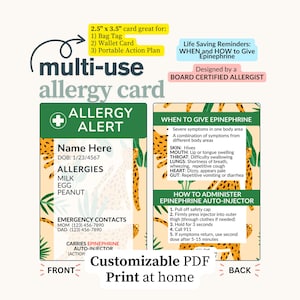 Custom Food Allergy Alert Card – Printable, Allergy Bag Tag, Medical Alert Card, Editable Template, Child  or Adult Medical ID Card