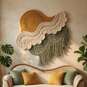 Crochet Wall Hanging Pattern PDF, Boho Sunrise Wall Art, Sunburst Wave Fringe, Beginner Instant Download
