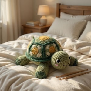 May include: A handmade crochet turtle in shades of green, yellow, and white, with a smiling face. The turtle is lying on a cream-colored blanket. Two wooden crochet hooks are next to the turtle.