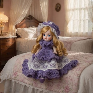 May include: A doll with long blonde hair and blue eyes wearing a purple crocheted dress with a white lace trim and a matching purple bonnet. The doll has a fair complexion and is dressed in a layered outfit featuring a textured knit bodice.