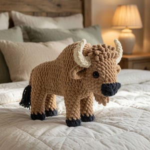 May include: A crochet stuffed animal shaped like a bison, featuring a textured tan body, cream-colored horns, black hooves, a black nose, and a black tail. The plush toy has large, dark, round eyes and a thick, curly mane around its head and neck.