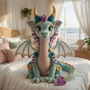 May include: A large, handcrafted crochet dragon plush toy featuring a light blue body, a pale pink chest, and purple accents. It has gold-colored horns, claws, and circular details, with white lace-like wings and a purple heart-shaped tail tip.
