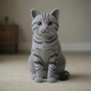 May include: A grey tabby cat figurine crafted from crochet yarn. The cat features dark grey stripes, large amber-coloured eyes, a small pink nose, and long white whiskers. It is depicted in a seated position with its tail curled to the side.