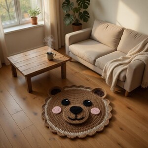 May include: A brown, crocheted bear rug with a smiling face, black eyes, and pink cheeks. The rug is circular with a scalloped edge. The rug is on a hardwood floor in a living room setting.