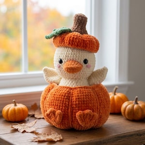 May include: A crochet plush toy featuring a cream-colored duckling sitting inside a large, textured orange pumpkin. The duckling wears a smaller orange pumpkin cap with a green leaf and a brown stem. It has black eyes and pink cheeks.