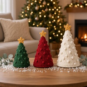 May include: Three cone-shaped crochet Christmas trees in dark green, deep red, and cream white. Each tree features a textured bobble stitch pattern and is topped with a small, yellow crocheted star. The trees are arranged in a row on a wooden surface.