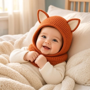 May include: A crochet fox hat in burnt orange with cream-colored inner ear details. The hat features a hood-like design that covers the head and neck, crafted with a textured yarn stitch. The ears are pointed and stand upright on the top of the hat.