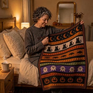 May include: A rectangular knit blanket featuring horizontal bands with repeating Halloween motifs including orange crescent moons, black cats, bats, white ghosts, and orange jack-o'-lanterns on black, orange, green, and purple backgrounds.