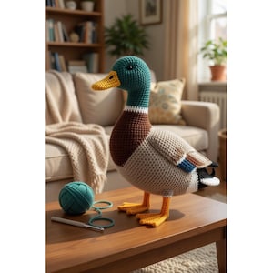 May include: A large, handmade crochet duck with a teal head, brown body, and tan wings. The duck has a yellow beak and feet. A ball of teal yarn and a crochet hook sit on the table next to the duck. The duck is approximately 18 inches tall.