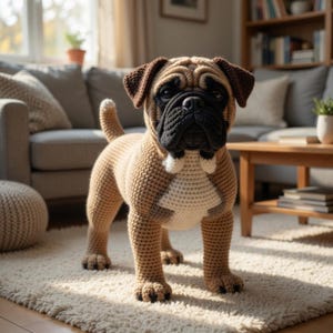 Puede incluir: Escultura de perro hecha a mano con ganchillo en tonos beige, marrón y negro. El perro tiene una cara distintiva de bulldog, con una mancha blanca en el pecho. La escultura está sobre una alfombra color crema.