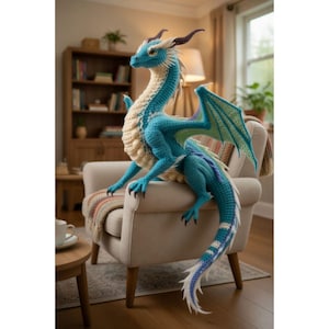 May include: A large, crocheted dragon in shades of blue, cream, and purple sits on a beige armchair. The dragon has detailed wings, horns, and a long tail. The dragon is a decorative item.
