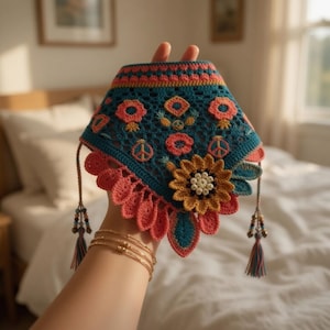 May include: A teal, coral, and yellow crochet head covering with floral and peace sign patterns. It has a scalloped edge and beaded tassels. The item is handmade. The head covering is held up by a hand.