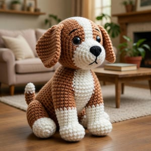 Op de afbeelding: Een handgemaakte gehaakte hond met bruin en wit garen. De hond heeft grote, donkere ogen, een zwarte neus en slappe oren. De hond zit rechtop, met witte poten en borst. Een schattig, zacht knuffeldier.