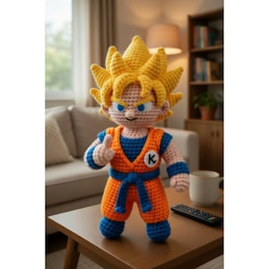 Puede incluir: Muñeco de ganchillo hecho a mano de un personaje con pelo amarillo puntiagudo, ojos azules y un atuendo naranja y azul. El muñeco está de pie sobre una mesa de madera.
