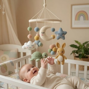 Può includere: Una giostrina per neonati all'uncinetto con una mezzaluna color crema, una stella blu, una tartaruga verde e un coniglietto giallo. La giostrina include piccole sfere dai toni pastello e una nuvola bianca, sospese a un telaio circolare.
