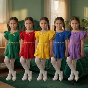 May include: Five identical crochet dresses in green, red, yellow, blue, and purple. Each dress features short ruffled sleeves, a small bow at the center neckline, a textured bodice, and a flared skirt with a decorative ribbon band at the waist.