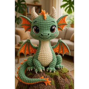 Puede incluir: Un juguete de dragón tejido a ganchillo en tonos verdes, naranjas y crema. El dragón tiene ojos grandes y expresivos, pequeños cuernos y alas con detalles naranjas. Está sentado sobre una superficie texturizada marrón y verde.