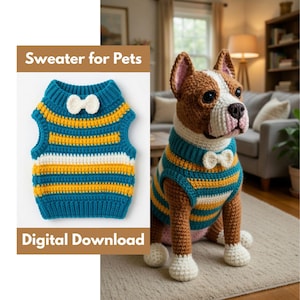 Crochet Dog Sweater Pattern PDF | Striped Teal Yellow White Bow Tie Pet Vest | Instant Digital Download Dog Clothes