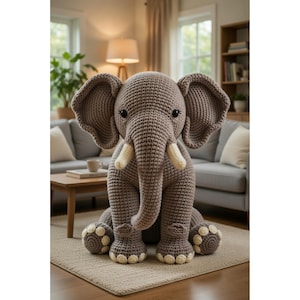 May include: A large, handmade crochet elephant in shades of gray and beige. The elephant has large ears, a long trunk, and ivory-colored tusks. The crochet stitches are visible, giving the elephant a textured appearance. The elephant is sitting on a rug.
