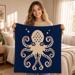 May include: A square navy blue crochet blanket featuring a large, centered cream-colored octopus graphic created with a pixelated stitch pattern. The octopus design includes eight curled tentacles and a rounded head with small square details.