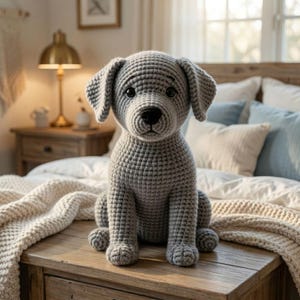 May include: A gray crocheted dog plush toy with floppy ears, dark round eyes, and a black stitched nose. The stuffed animal is crafted with a visible yarn texture and sits in an upright position, featuring a rounded head and paws.