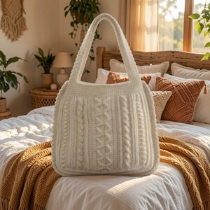 Puede incluir: Un bolso tote de color crema confeccionado con un tejido de punto grueso y texturizado que presenta trenzas verticales y un diseño central de rombos. El bolso tiene dos asas integradas con un borde trenzado decorativo a juego en el contorno.
