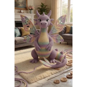May include: A handcrafted crochet dragon in shades of lavender, yellow, and pastel rainbow. The dragon has large, detailed wings with a cut-out design. The dragon is sitting on a cream-colored rug.