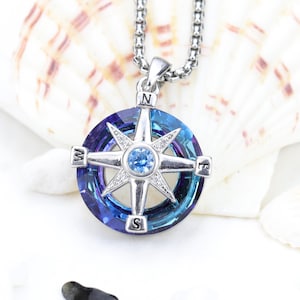 Compass Necklace with Blue Crystal • Sterling Silver North Star Pendant • Nautical Jewelry Gift for Men Women • Travel Protection Amulet