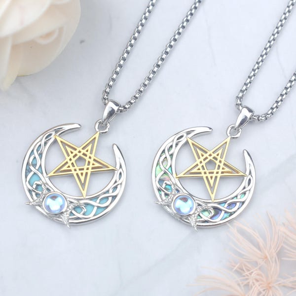 Triple Moon Goddess Pentagram Necklace – Turquoise/Abalone Shell and Moonstone – 925 Sterling Silver & Gold Plated Wiccan Jewelry Gift