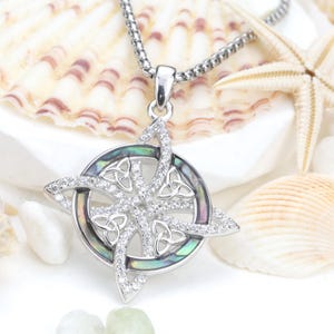 Celtic Knot Abalone Shell Necklace • Trinity Knot Pendant with CZ Crystals • Irish Jewelry Christmas Gift for Her