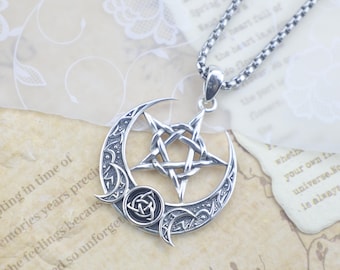 May include: Silver-toned pendant necklace featuring a crescent moon design with a pentagram and a Celtic knot. The pendant hangs from a chain. The background is a vintage paper with text.