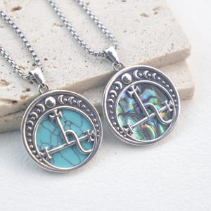 Lilith Necklace – 925 Sterling Silver Sigil Pendant - Abalone Shell or Turquoise - Moon Phase Celestial Jewelry - Feminine Power Gift