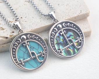 Lilith Necklace – 925 Sterling Silver Sigil Pendant - Abalone Shell or Turquoise - Moon Phase Celestial Jewelry - Feminine Power Gift
