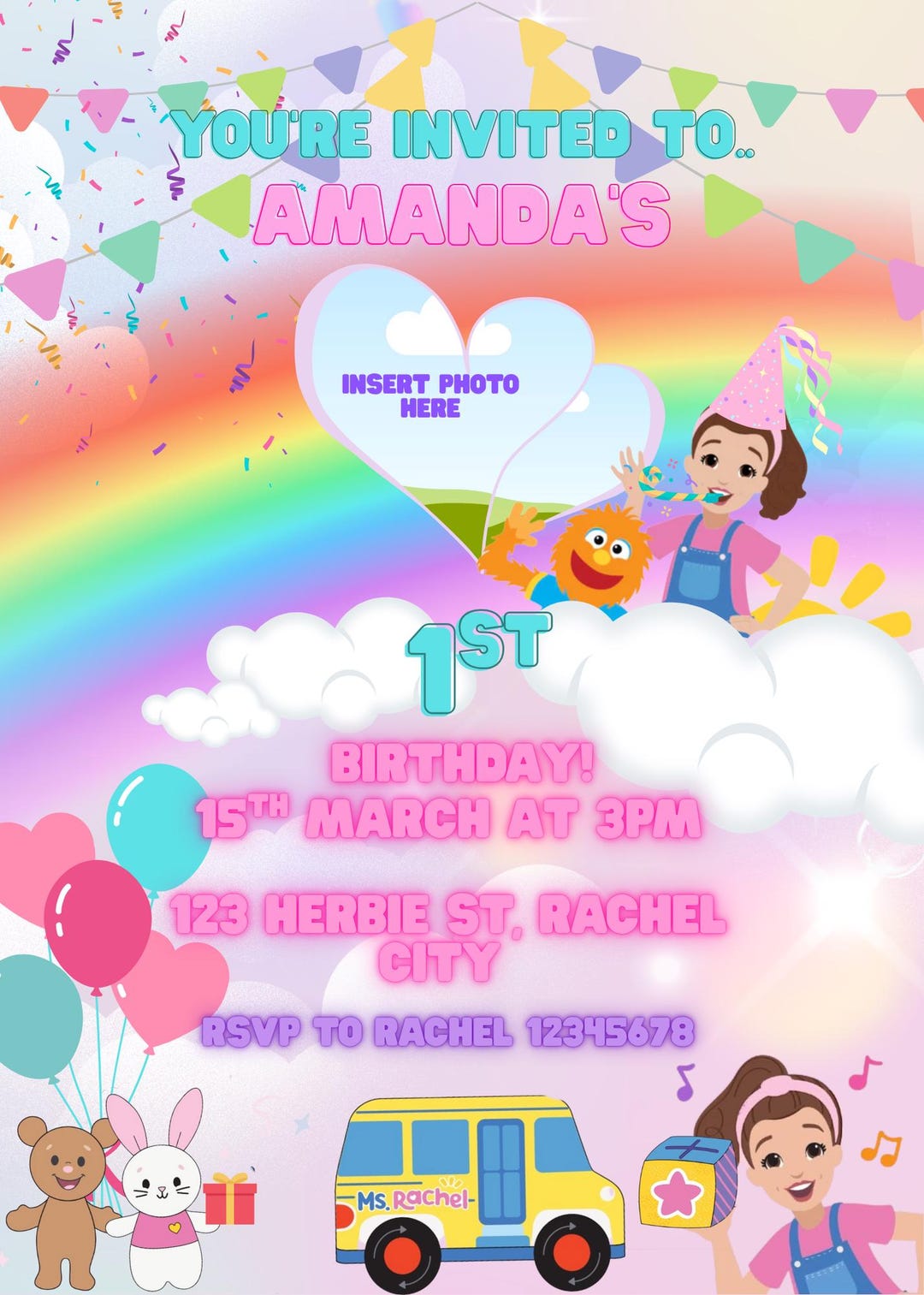 Ms Rachel Birthday Invitation With Rainbow, Digital Editable Templatet ...