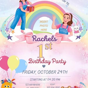 May include: A vibrant birthday party invitation featuring illustrations of a girl, a rainbow, balloons, and a bus. The invitation says "Rachels 1st Birthday Party" and includes the date, time, and RSVP details. The design is playful and suitable for a child's celebration.