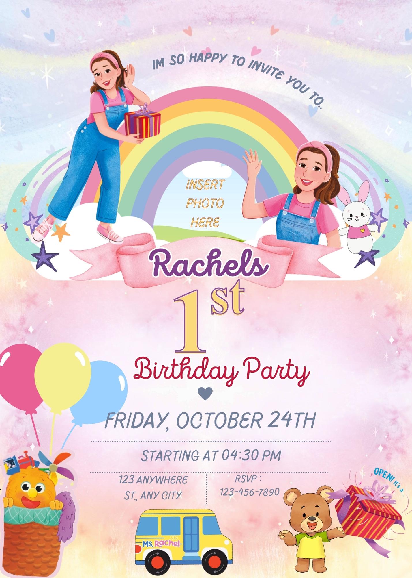 Ms Rachel Birthday Invitation With Rainbow, Digital Editable Template