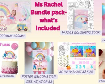 May include: A party bundle including a banner (100cm x 50cm), colouring book, party bag, invitation, cake topper, poster, and activity sheet. The theme features rainbows, a bus, and the text "Happy 1st Birthday! Rachel."